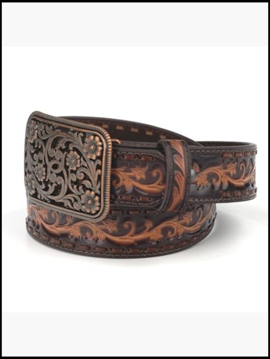 Genuine Leather Western Belt with Floral Embossing Copper Buckle
